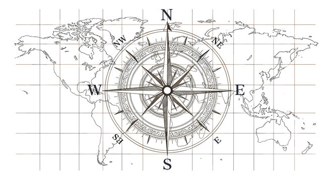 Vintage navigation compass on a world map with grid lines for travel and exploration purposes