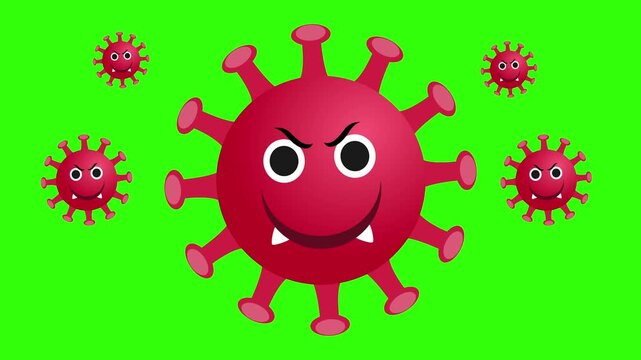 Angry red virus cartoon character on green screen. A menacing expression with large eyes and sharp teeth