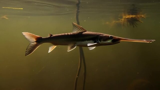 Paddlefish Underwater: A mesmerizing paddlefish gracefully glides beneath the water's surface, its unique snout and sleek body creating a captivating image of aquatic life.