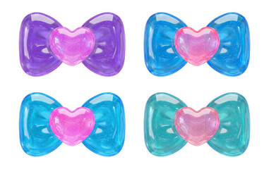 ぷるぷるゼリー質感リボン＆ハート3Dアイコンセット ― パステルグロッシーY2Kデコレーション素材