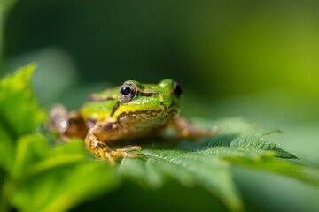 Obraz premium Vibrant Tiny Frog Resting on Leaf in Serene Forest Environment