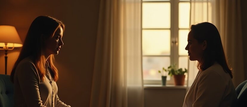 Comfortable therapy office, therapist in chair, natural light, plants, safe space aesthetic