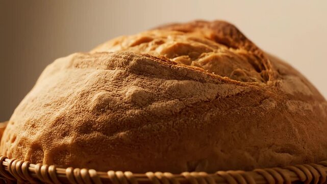 Close up of golden artisan bread with a textured crust in a rustic basket, illustrating the time-lapse process of baking and rising for a wholesome food concept