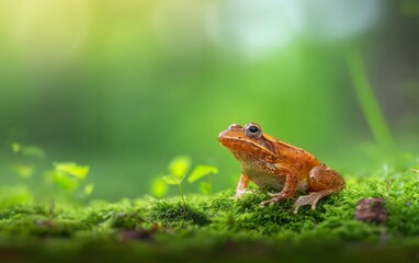 Obraz premium Vibrant Frog Resting on Mossy Ground in Humid Rainforest Environment