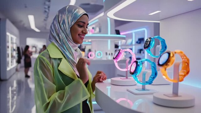 Woman in hijab shops for glowing smartwatches in futuristic store