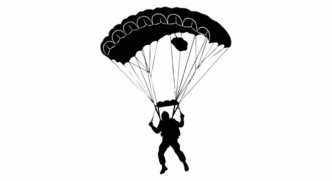 Black silhouette vector of a skydiver descending with an open parachute.