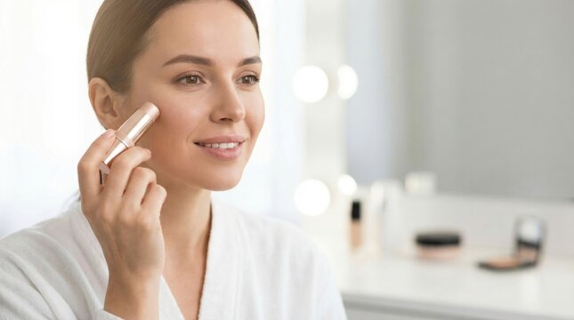 Smiling woman in a bathrobe applying foundation stick to her face as part of her makeup routine.