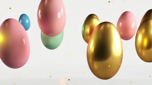 Golden Easter Egg Landing on White Surface with Floating Glitter