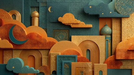 Warm 3D Scene of Eid al-Adha in Gold and Orange Tones