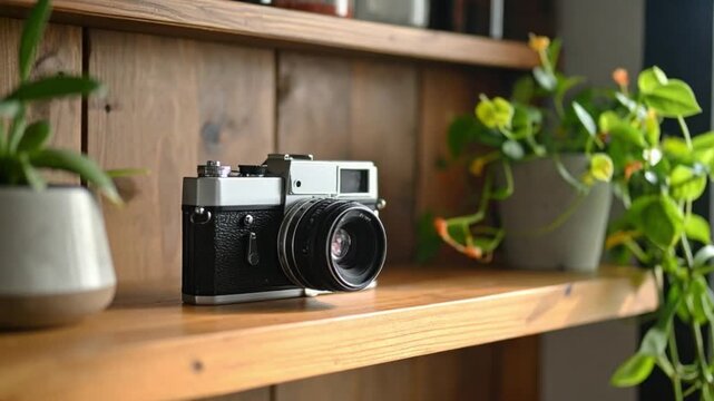 Vintage camera on a wooden shelf with potted plants at home