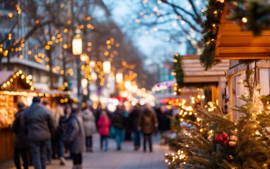 Obraz premium Festive Christmas Market Scene with Twinkling Lights on Street Level