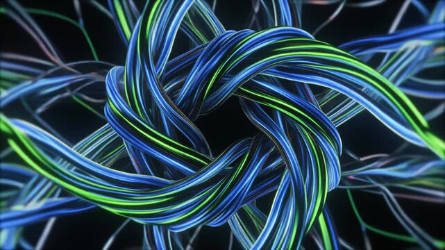 Dynamic intricate network of glowing blue and green data cables intertwining, creating a mesmerizing abstract technological pattern representing connectivity and digital flow and energy