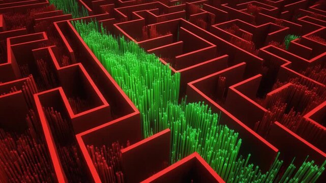 Illuminated green path guides through a complex red maze, symbolizing strategic problem-solving and the clear route to success amidst challenges and difficult choices