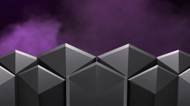 A captivating abstract composition of dark, geometric shapes with sharp edges, set against a mysterious purple smoky background, evoking modern technology and innovative design