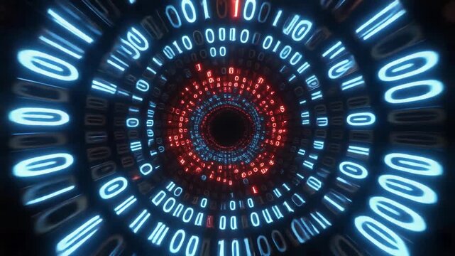 Abstract glowing binary data tunnel in a digital cyberspace, illustrating secure network communication, advanced internet technology, and swift information flow