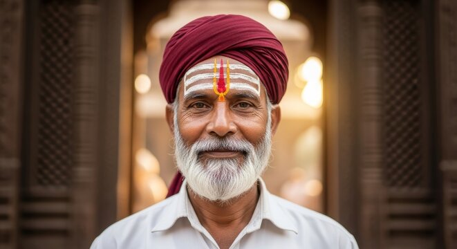 Smiling indian man wearing red turban with traditional tilaka mark on forehead. Portrait of senior hindu priest outdoor.
