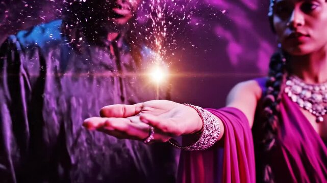 A man and woman in mystical attire interacting with a glowing orb