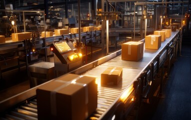 Fototapeta premium Industrial Food Processing Plant at Dusk with Dim Lighting and Packaging