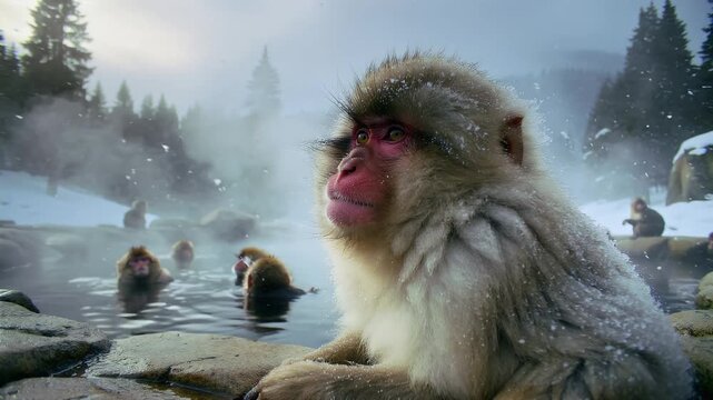 Monkeys relaxing in hot spring water in Japan during winter with snow and trees