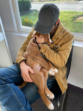 A man hugging his puppy at the vet