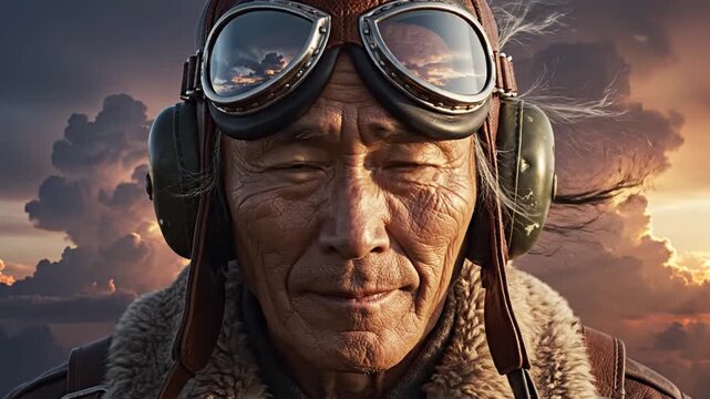 Portrait of a wise and experienced senior male aviator wearing vintage goggles and a pilot's hat under a dramatic sky.