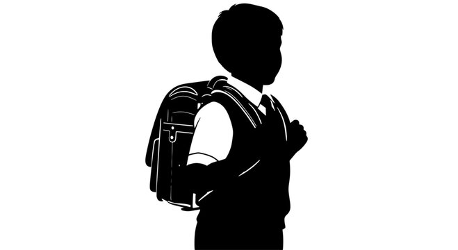 A black and white silhouette of a young schoolboy wearing a uniform and carrying a backpack, ready for school.