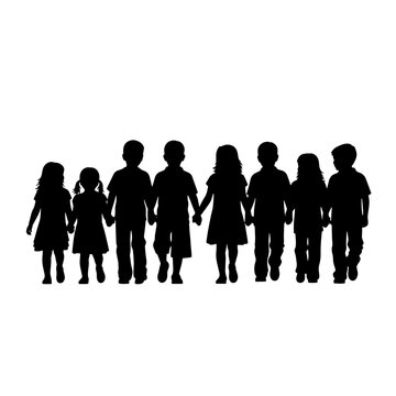 Silhouettes of a diverse group of eight children holding hands and walking together, symbolizing friendship and unity.
