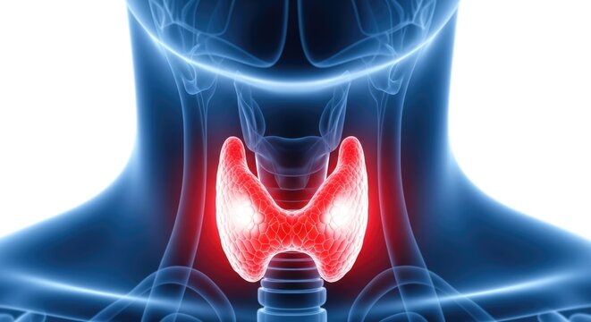 Human thyroid gland, prominent red highlighting disease, medical condition, endocrine system dysfunction, anatomical issue, health problem, diagnostic view, internal organ