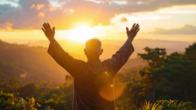 Man with arms raised embracing golden sunset over serene mountain landscape