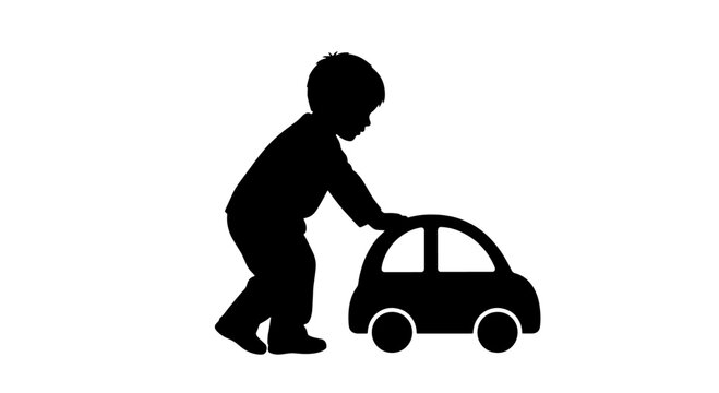 A silhouette of a young child playing with a toy car on a white background, depicting early childhood play.
