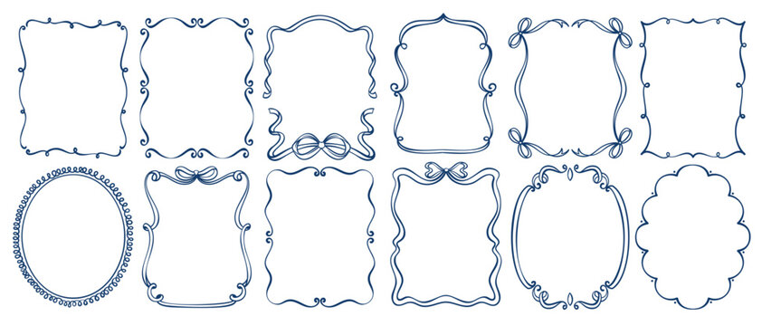 Whimsical frames with wavy squiggle borders and curly ribbon details arranged in playful collection layout. Whimsical frames in trendy vintage style for invitations, branding and packaging. Outline ve
