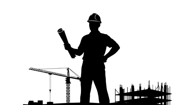 Silhouette of an engineer or architect holding blueprints at a construction site with a crane and building.