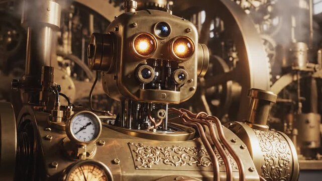 Detailed steampunk robot head with intricate gears and glowing eyes in an industrial mechanical setting.