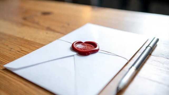 Elegant White Envelope with Red Wax Seal and Pen on Wooden Table