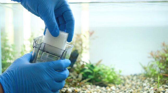 Person in blue gloves performing maintenance on an aquarium, changing the white filter sponge.