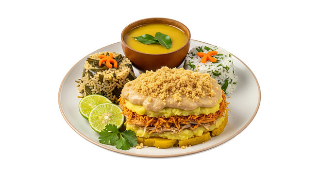 Gourmet Plate Delight: A visually stunning gourmet plate, meticulously arranged with a vibrant ensemble of savory dishes. The composition features a generous serving of an innovative main course.