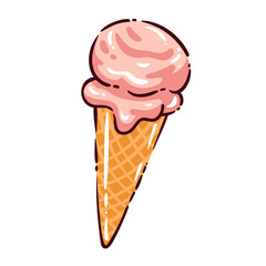 Ice cream cone with pink scoop and waffle texture, glossy melting cream and crisp cone pattern. Ice cream dessert in bold doodle cartoon style vector illustration.
