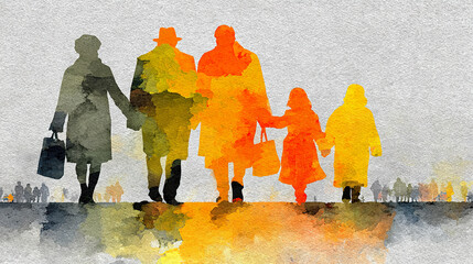 Family walking together on city street watercolor