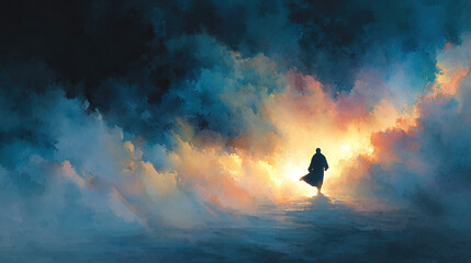 Silhouette figure walking toward abstract light and clouds