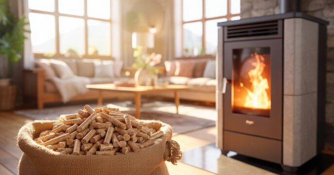 A sack of wood pellets sits beside a modern burning pellet stove in a cozy home.