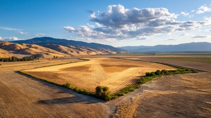 Golden Fields at Sunset with Mountains and Sky in the Background