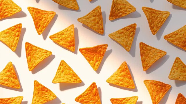 Overhead view of a delicious pattern of golden crispy corn tortilla chips scattered on a bright background