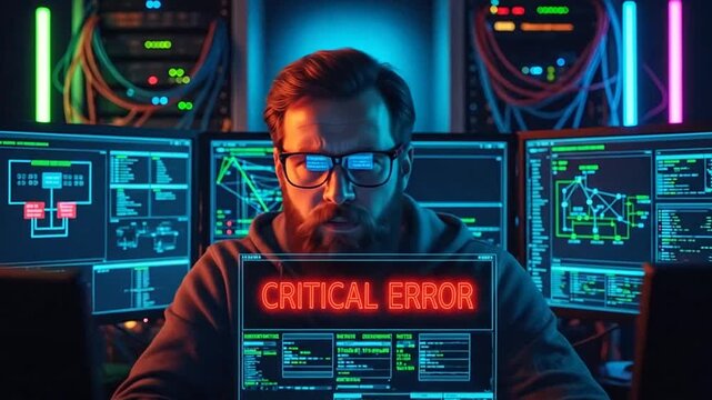 Serious Male Hacker Programmer Working on Multiple Screens Displaying Critical Error in Dark Server Room
