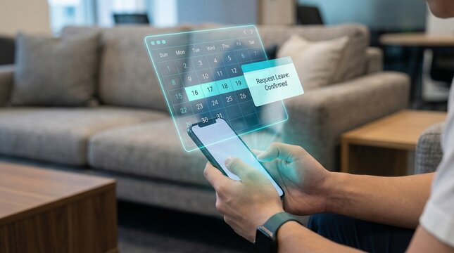 Person requesting leave on digital calendar app on smartphone, holographic interface showing confirmed request for leave dates