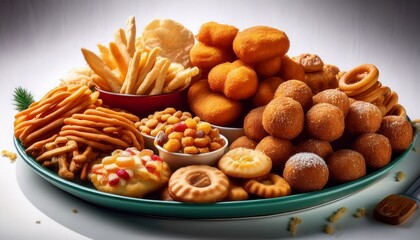 Fototapeta premium A Colorful Assortment Of Sugary Snacks And Fried Treats Piled High On A Table Savory Fried