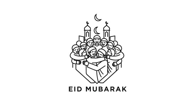 United Muslim community celebrating Eid Mubarak with a mosque and crescent moon, symbolizing peace and togetherness on an isolated white background.
