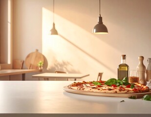 Modern kitchen background with pizza and warm evening sunlight
