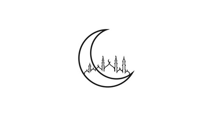 Obraz premium Minimalist crescent moon with forest landscape silhouette.