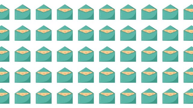 Repeating pattern of light blue open envelopes with money suitable for financial presentations, backgrounds, web design, and promotional materials.