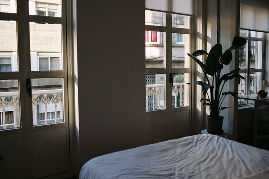 Cozy Bedroom With Large Windows and Natural Light in Urban Setting
